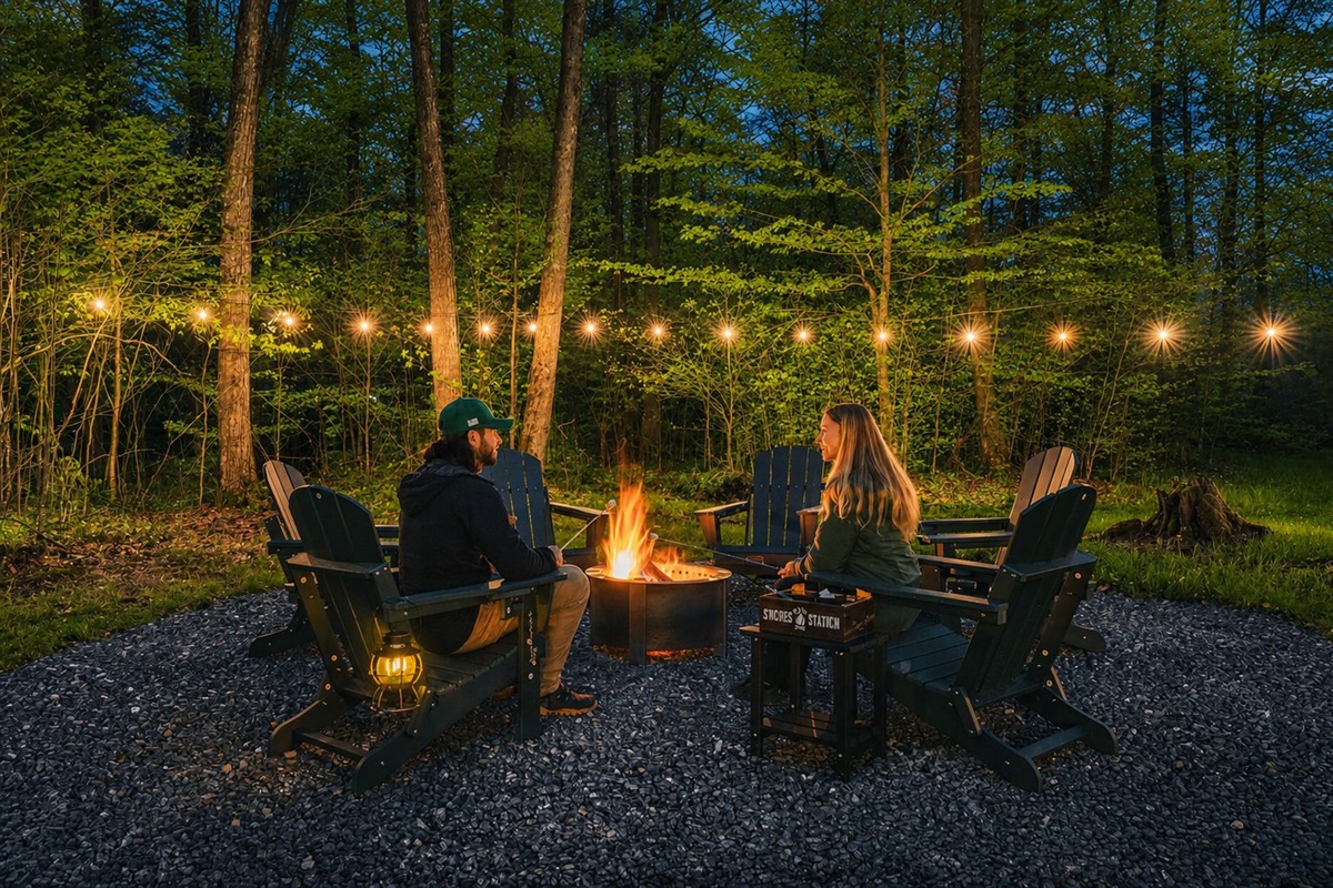 🔥 Gather around the firepit under string lights as the forest goes quiet.