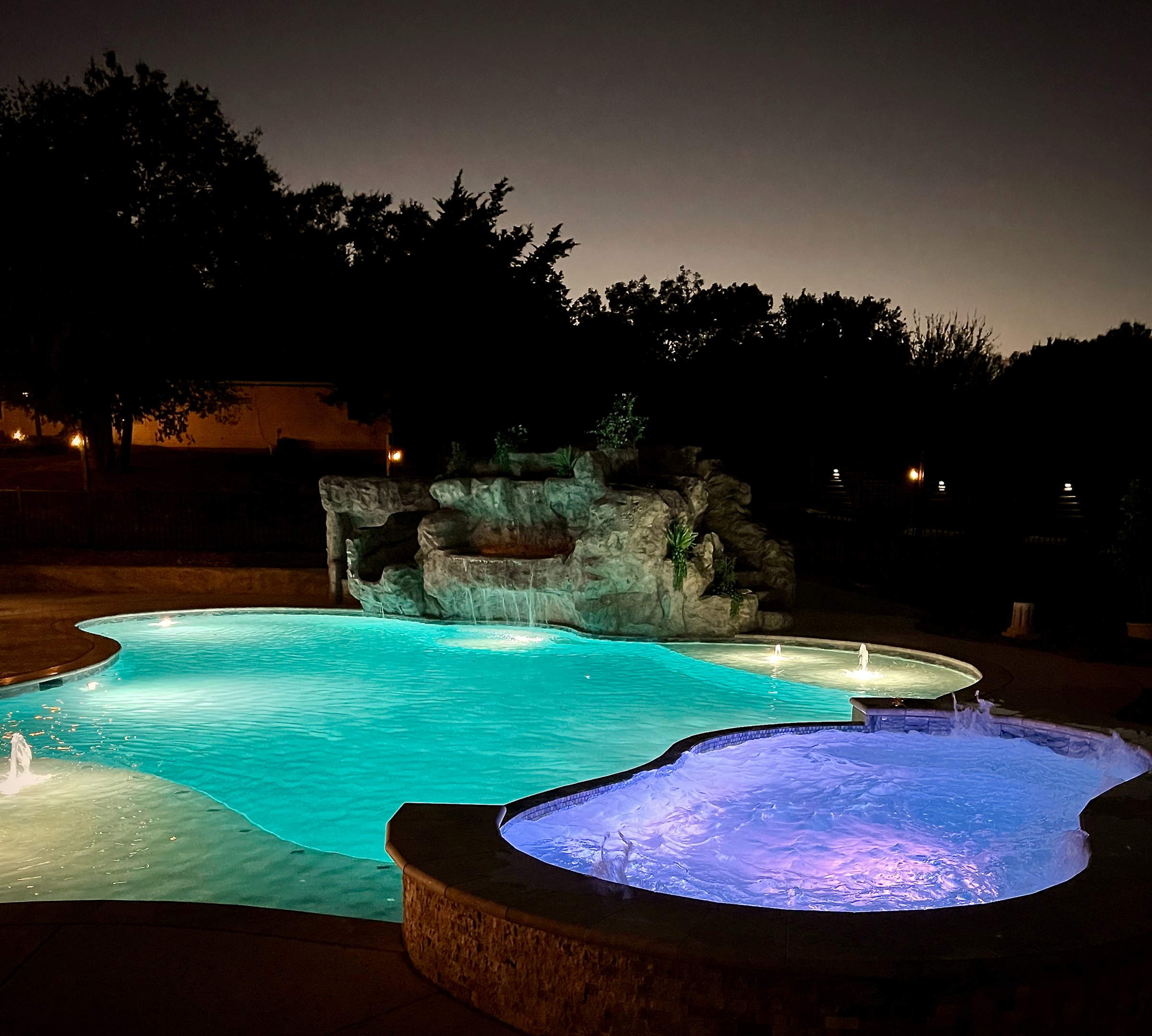 Resort style pool, magic of night swimming, hot tub for 20