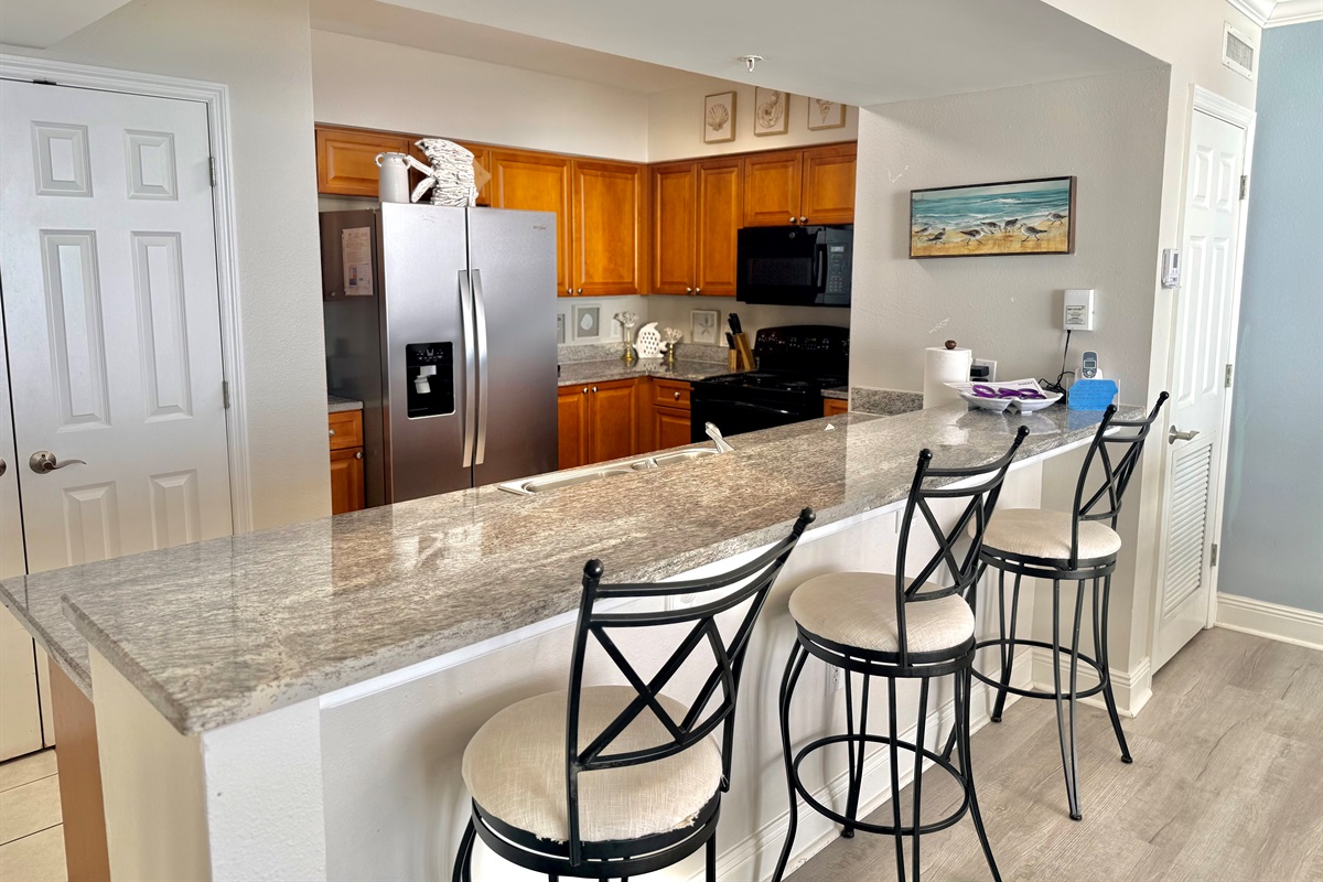 Fully Equipped Kitchen — Granite counters, a brand-new 2026 stainless steel refrigerator, and breakfast bar seating.