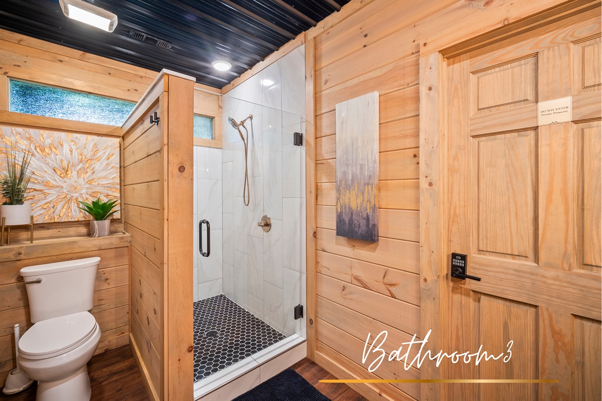 Bathroom-three offers a sleek walk-in shower, modern fixtures, and natural wood accents for a spa-like experience.
