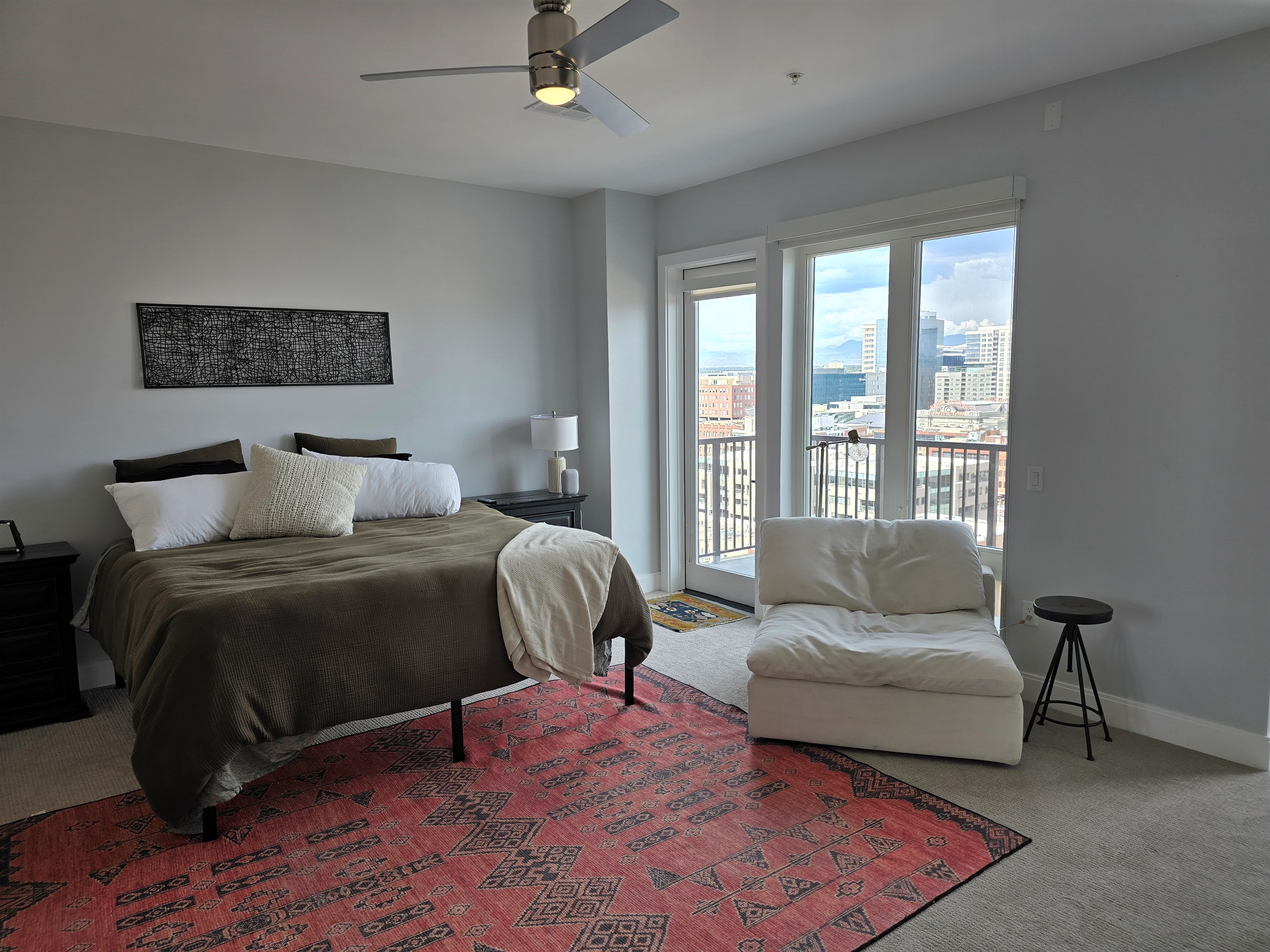 King size bed, extra seating area, private balcony with seating.