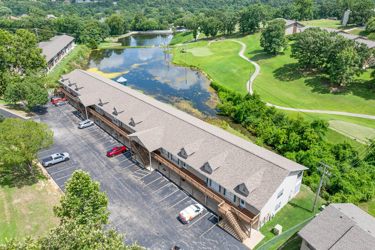A broad overhead view reinforces the green, tucked-away feel of Fall Creek while still being close to Branson.