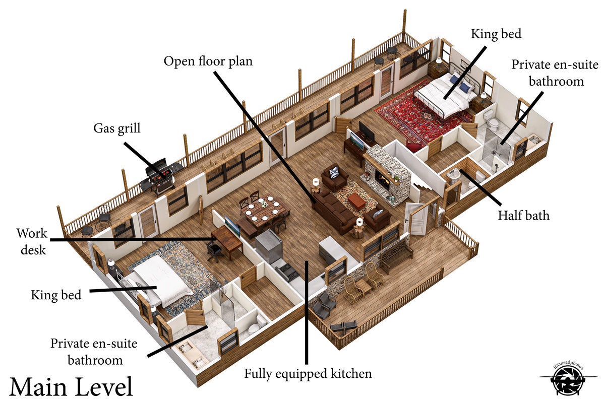 Enter the lodge on the main level. The floorplan allows for privacy in the bedrooms, access to the deck on every level.