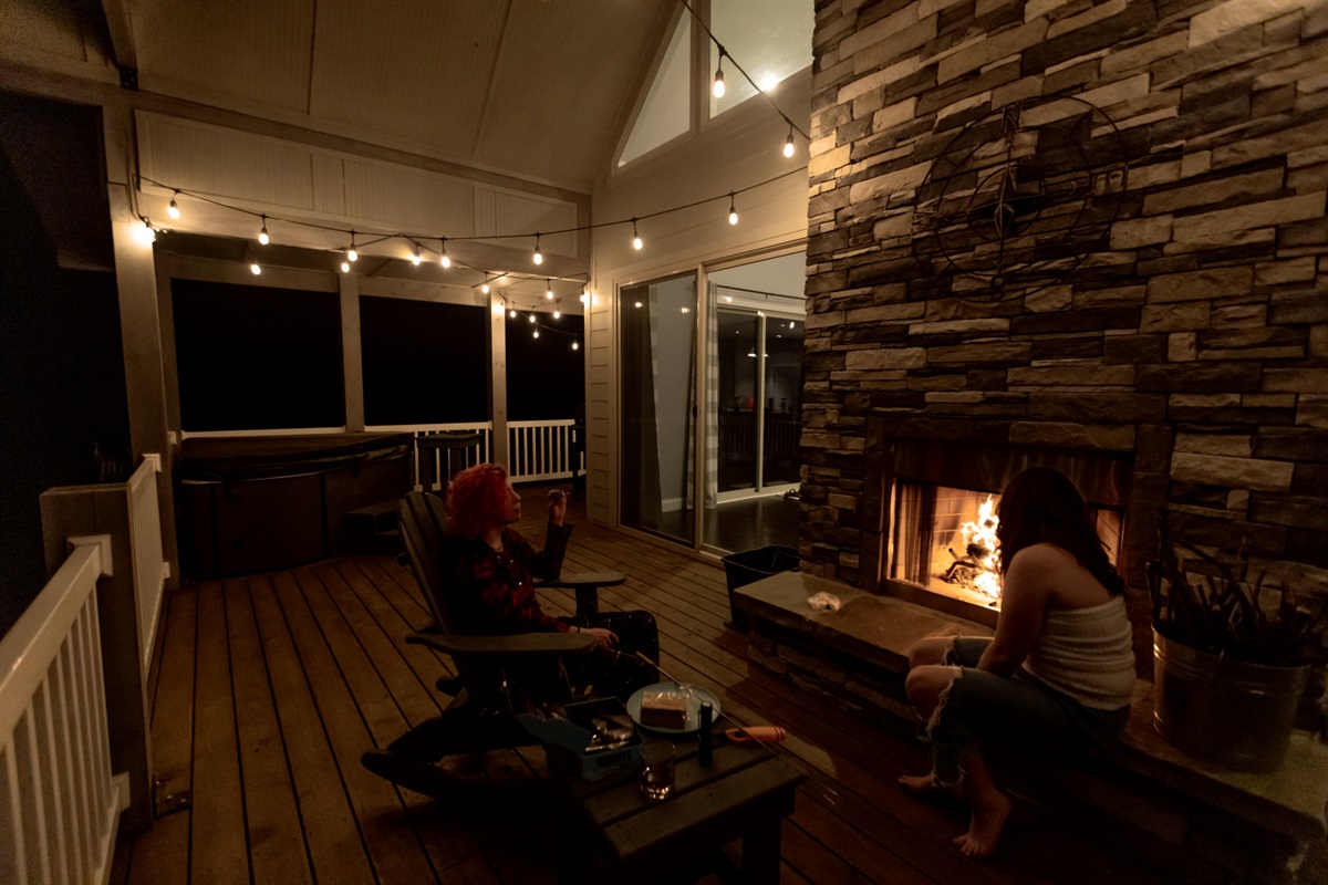 Enjoy a cozy fire in the evenings surrounded by string lights.
