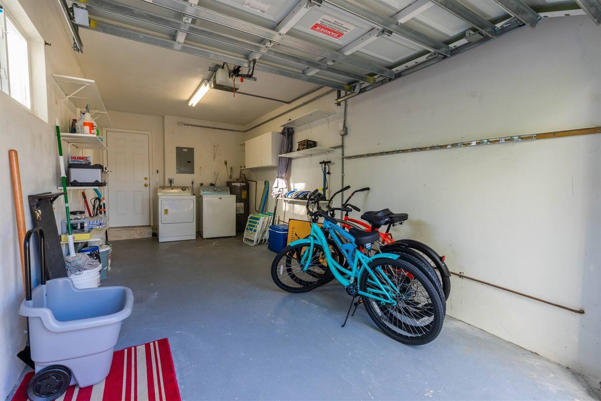 The garage houses the washer & dryer and all the detergents you need. It also has 4 new beach cruisers, helmets, bike combination locks, 6 beach chairs, beach umbrella and cooler for the beach.