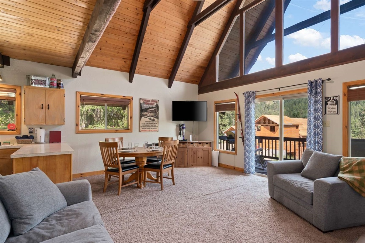 Large windows flood the cabin with natural light and forest views.