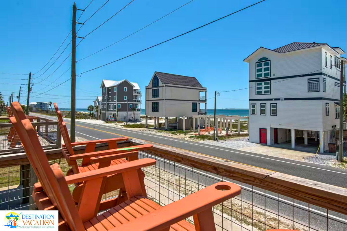 Adirondack seating invites laid-back coastal afternoons.