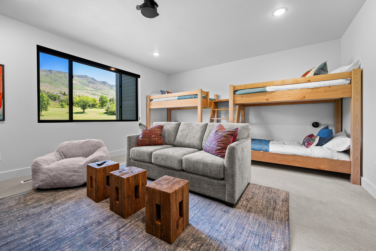 Twin-over-twin bunk beds offer flexible sleeping options for families.
