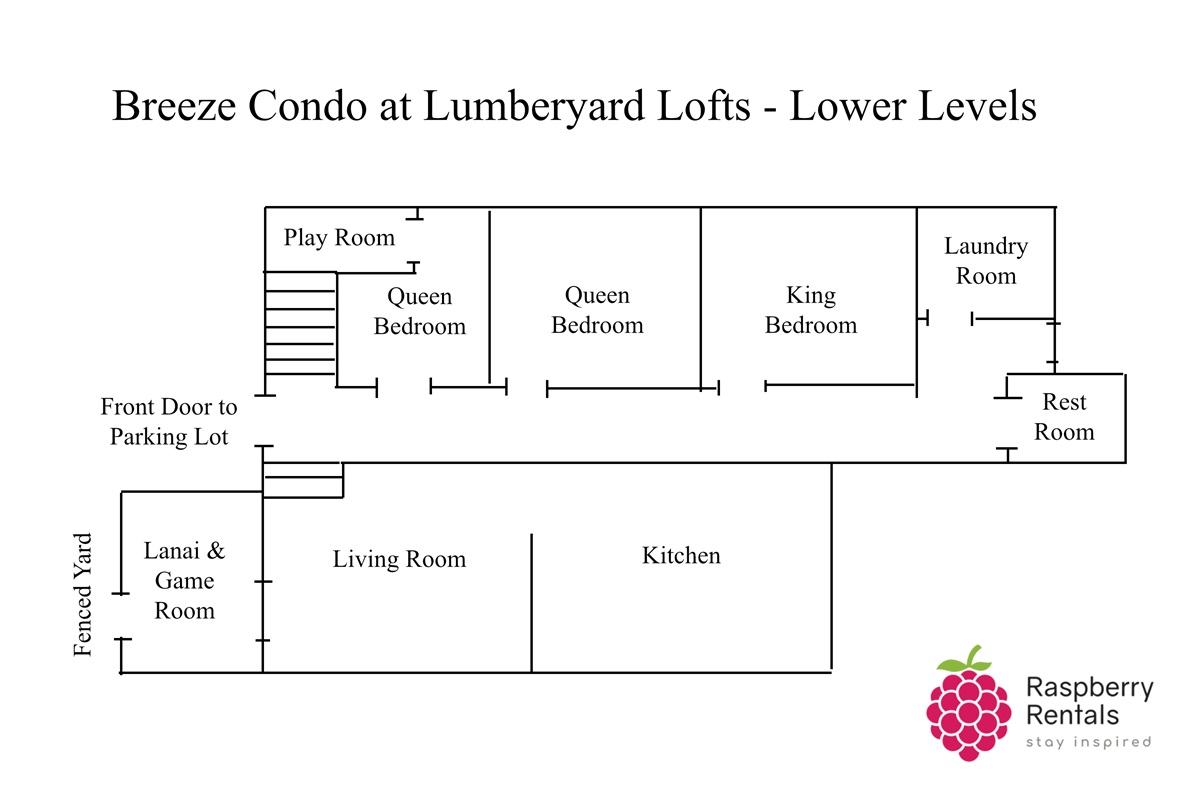 Floorplan to Breeze Condo's Lower Levels showing an entrance that turns right and goes down to the living room, kitchen and game room, or straight ahead to two queen bedrooms and one king bedroom, then laundry and a rest room.