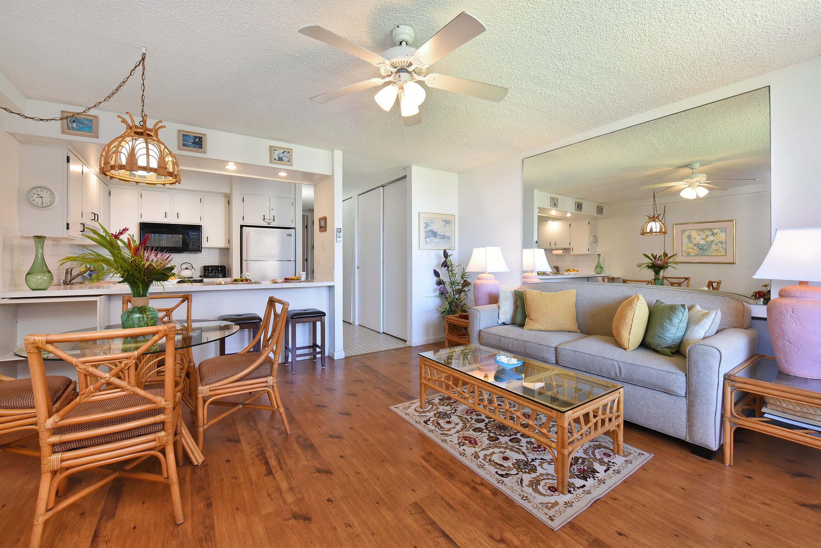 Living room with dining table, breakfast bar and sofa bed