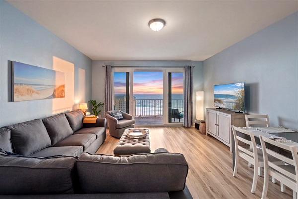 Views from the kitchen island showing the living room