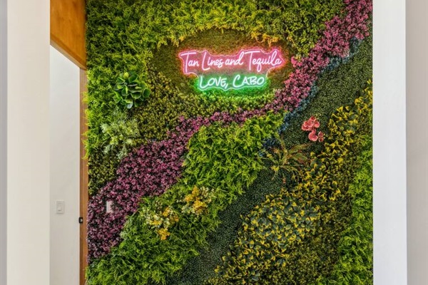 Elevate your stay with our stunning custom nature wall, showcasing handcrafted art —adding a tranquil, unique touch to our unique Airbnb retreat.