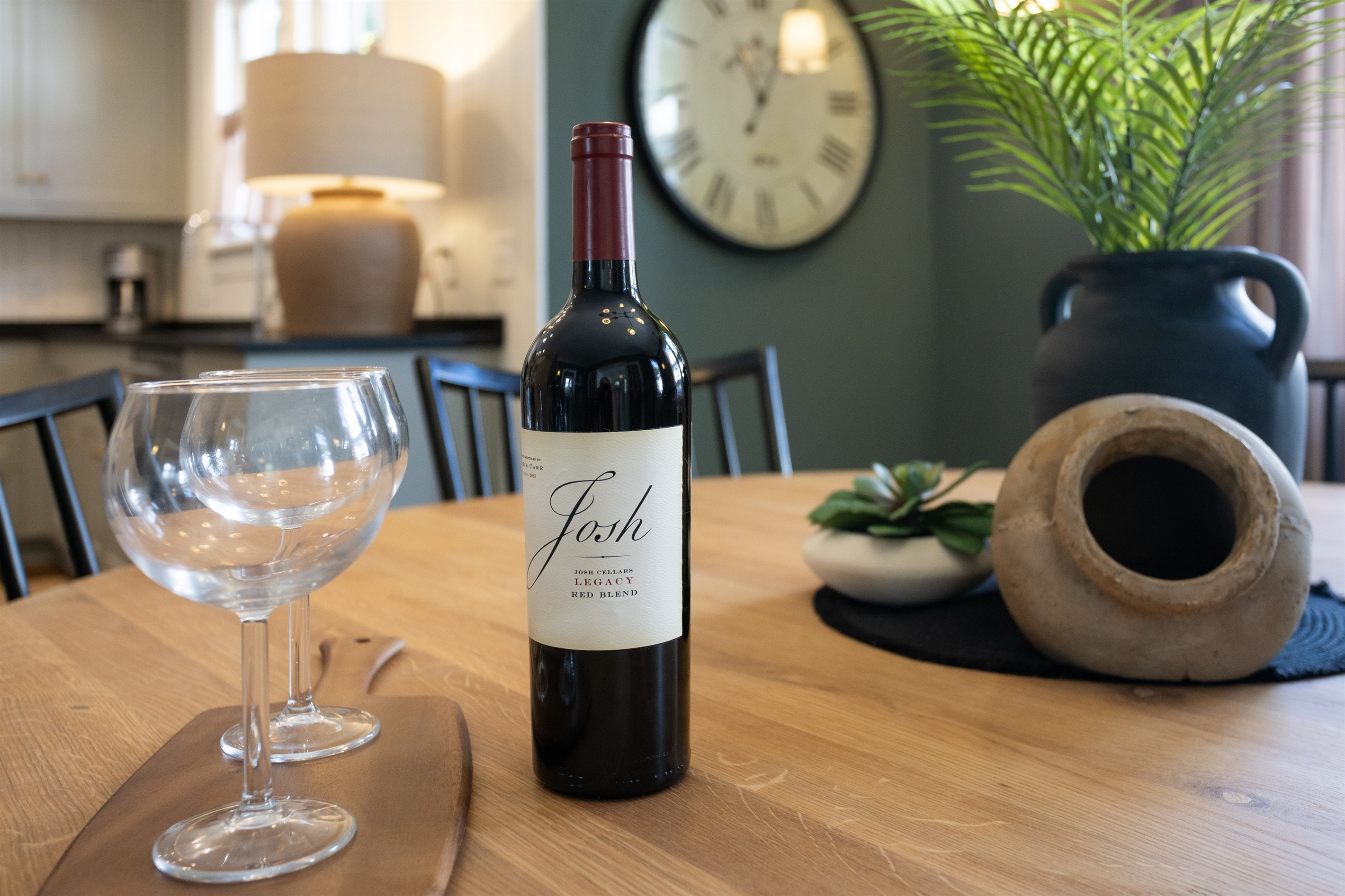 Elegant wine glasses are on hand for relaxing evenings or celebratory sips on the porch.