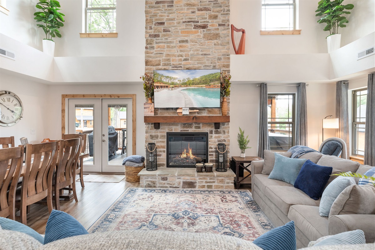 Cozy living and dining space with access to the deck