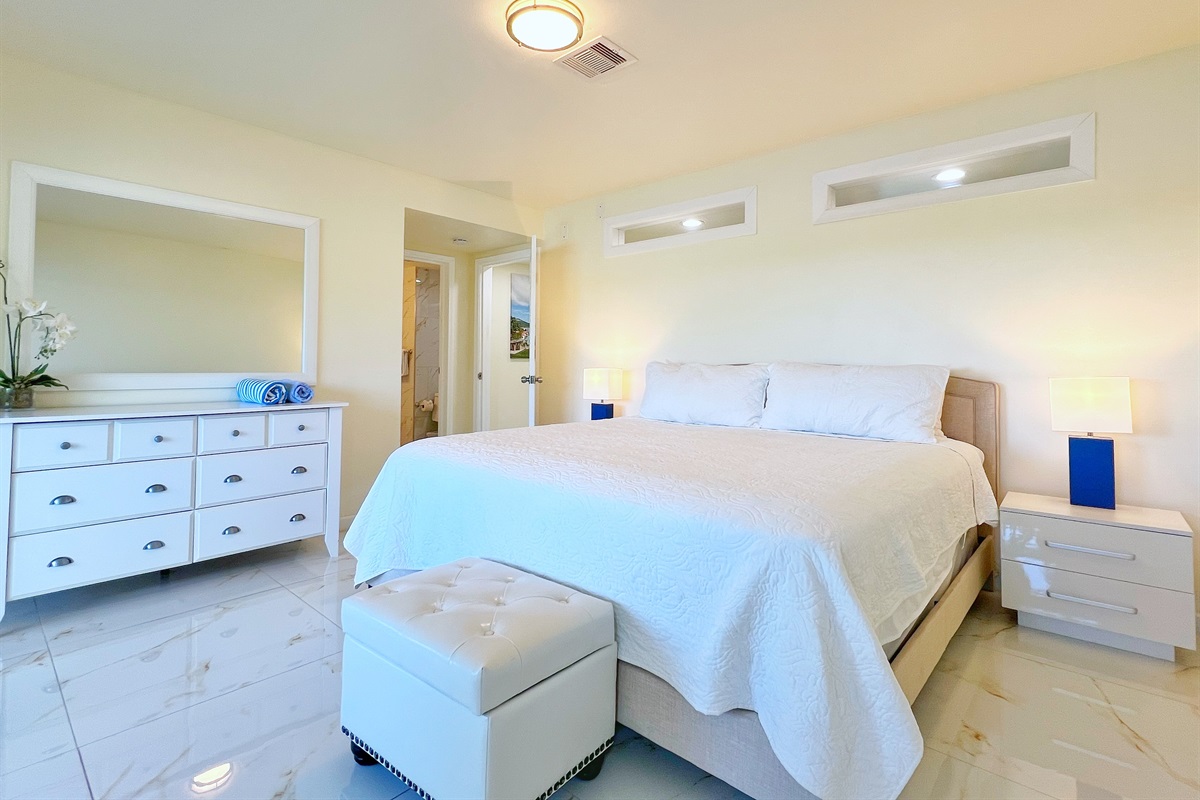 Wide chest drawers and large mirrors give every room the feel of a private suite.