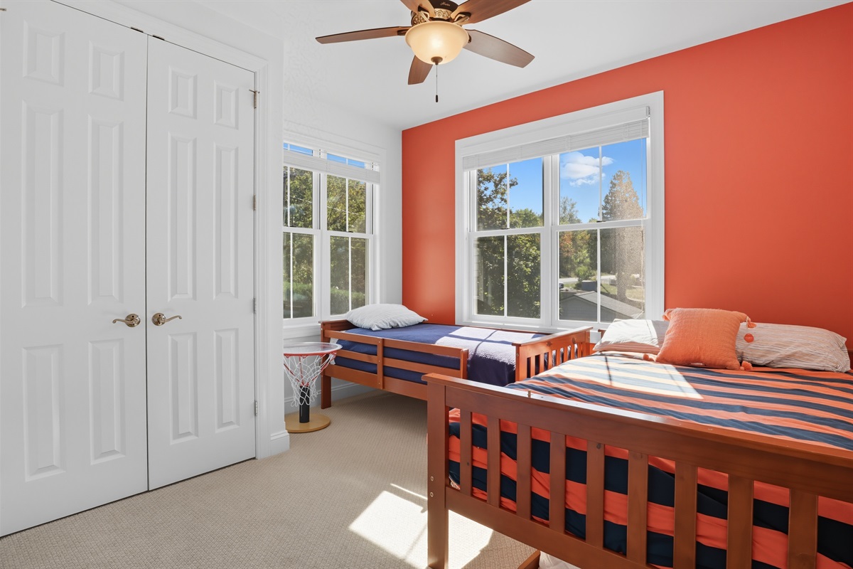Second floor bedroom with a full bed, twin bed and trundle twin. Bedroom #4