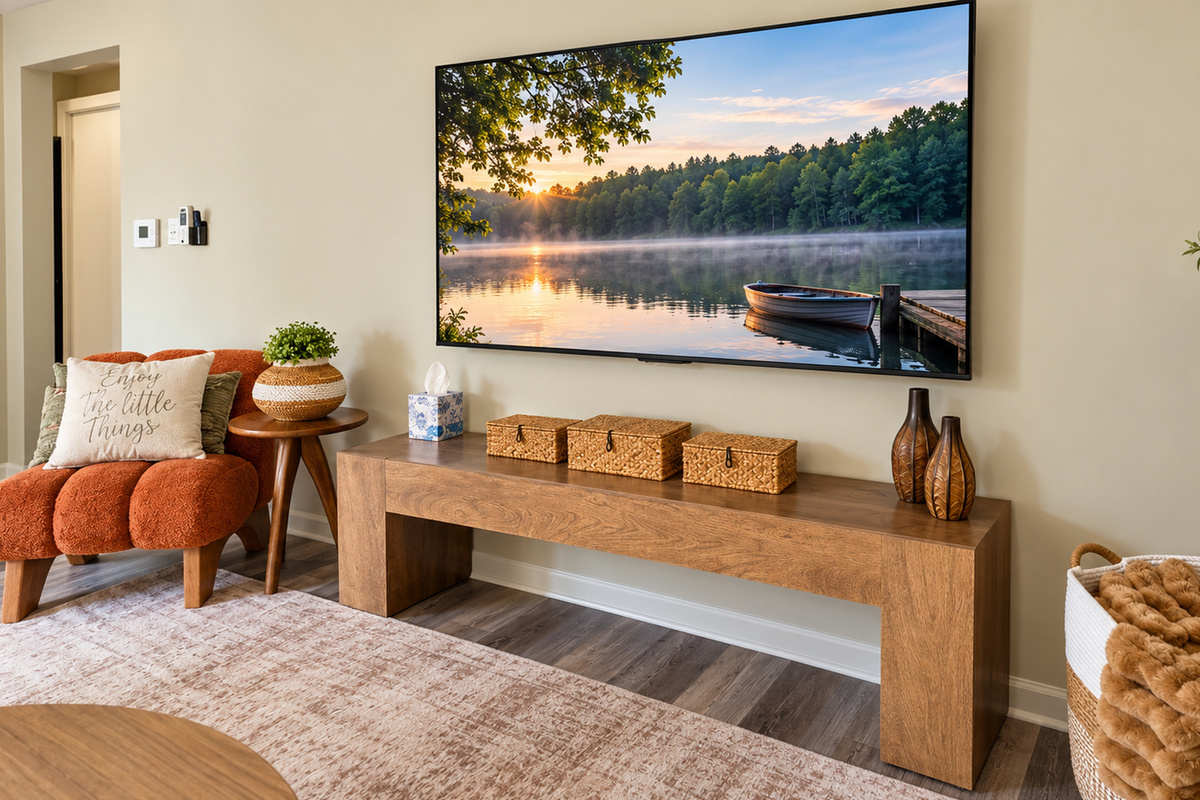 Settle in with a movie on the big screen, with thoughtful touches and extra blankets nearby.