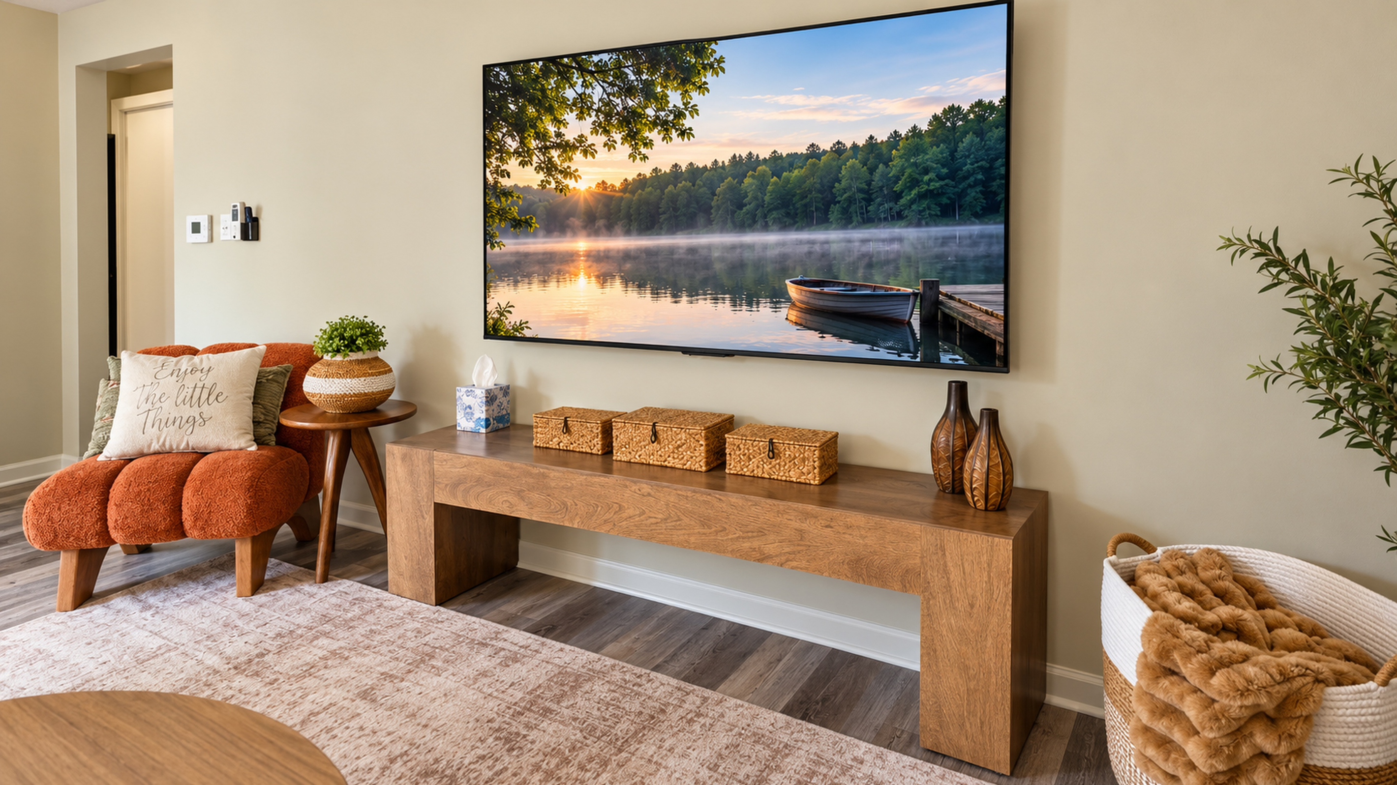 Settle in with a movie on the big screen, with thoughtful touches and extra blankets nearby.