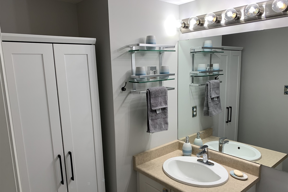 Full ensuite bathroom with storage center and spacious vanity. Bathroom is stocked with shampoo, conditioner soap and Q tips.