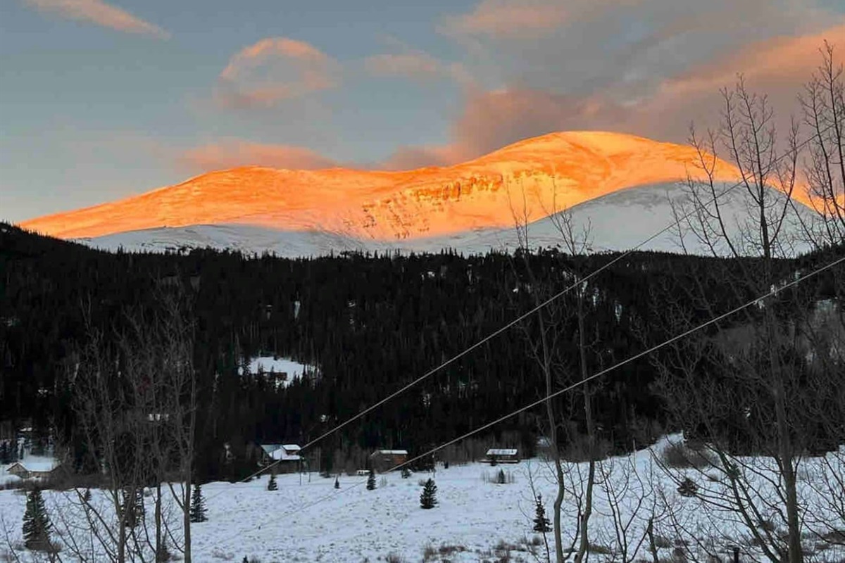 View of the mountains from the cabin. Alpenglow