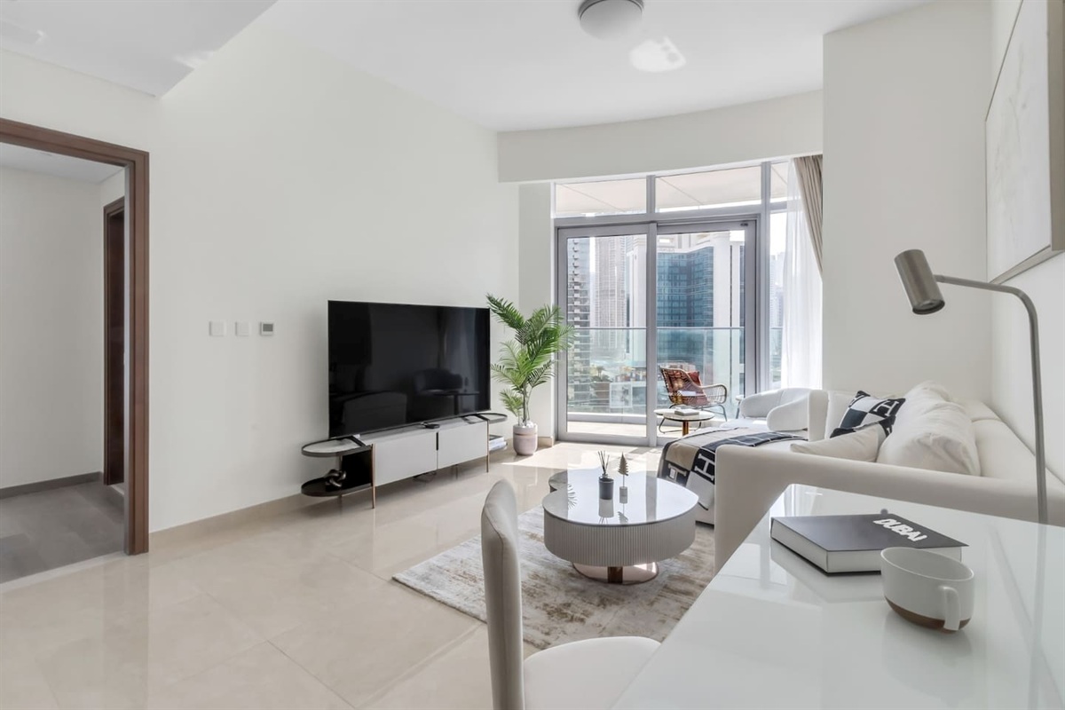 Enjoy a 75 inch TV at the comfort of a sofa bed. 