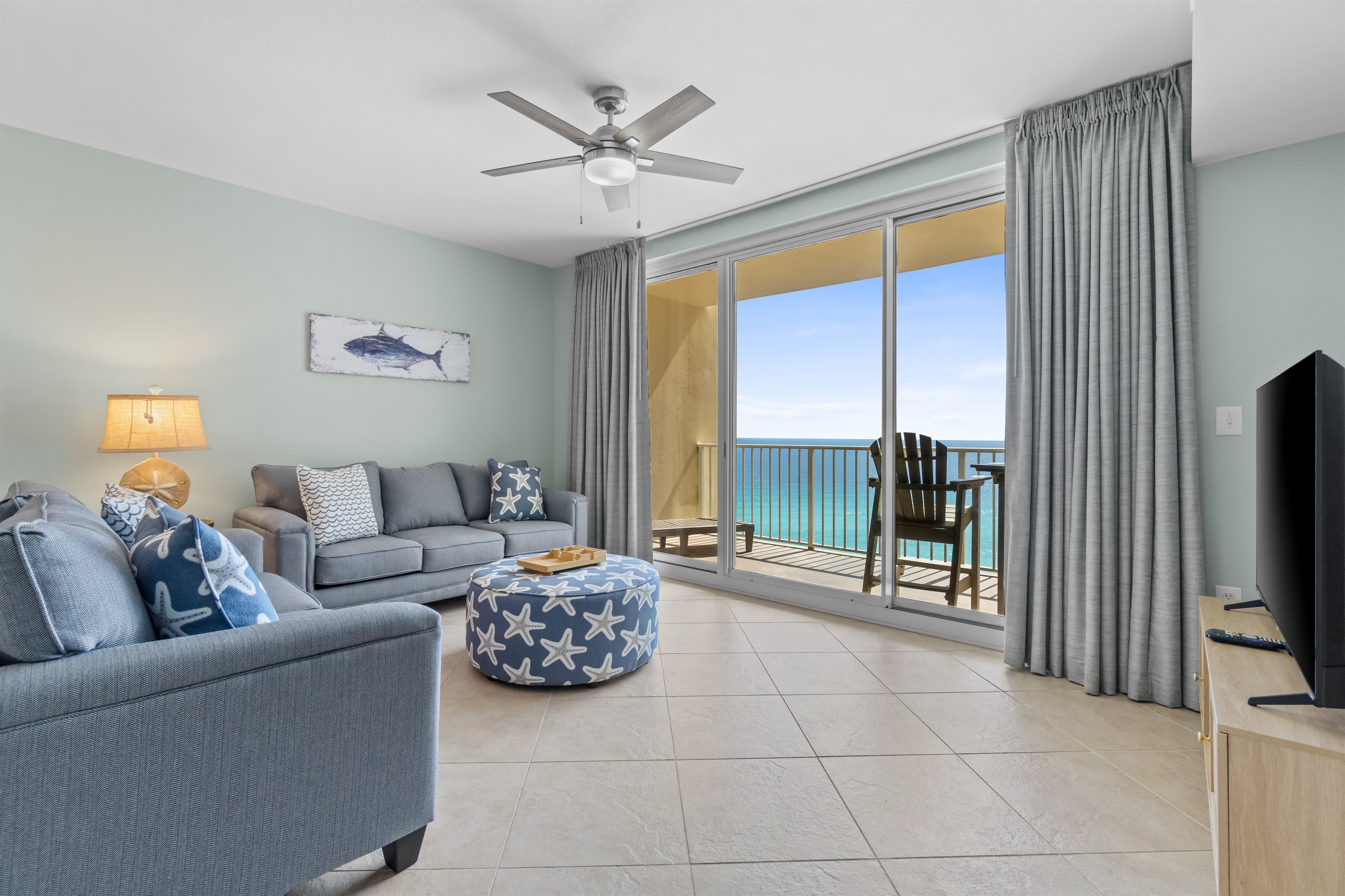 Our comfy love seat looks straight out at the Gulf through our sliding glass door.