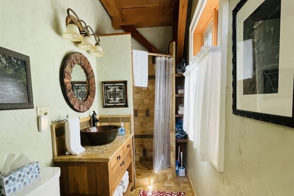 The bathroom is located is located on the main level