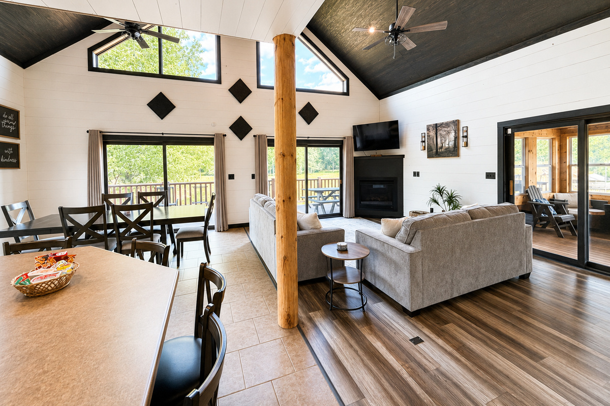 This wide view shows how the kitchen, dining and great room flow together, making it easy for your group to stay connected.
