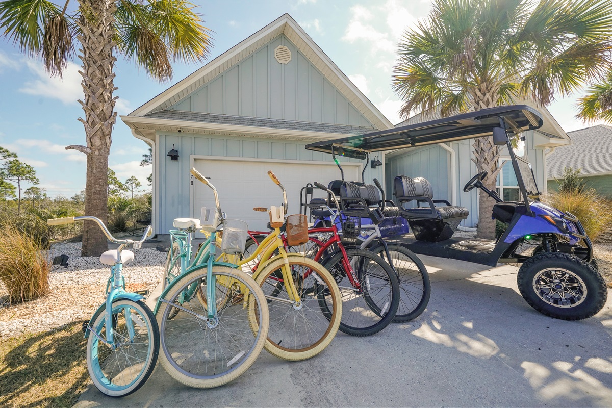 Adventure-ready garage with 6-seater golf cart & Bikes