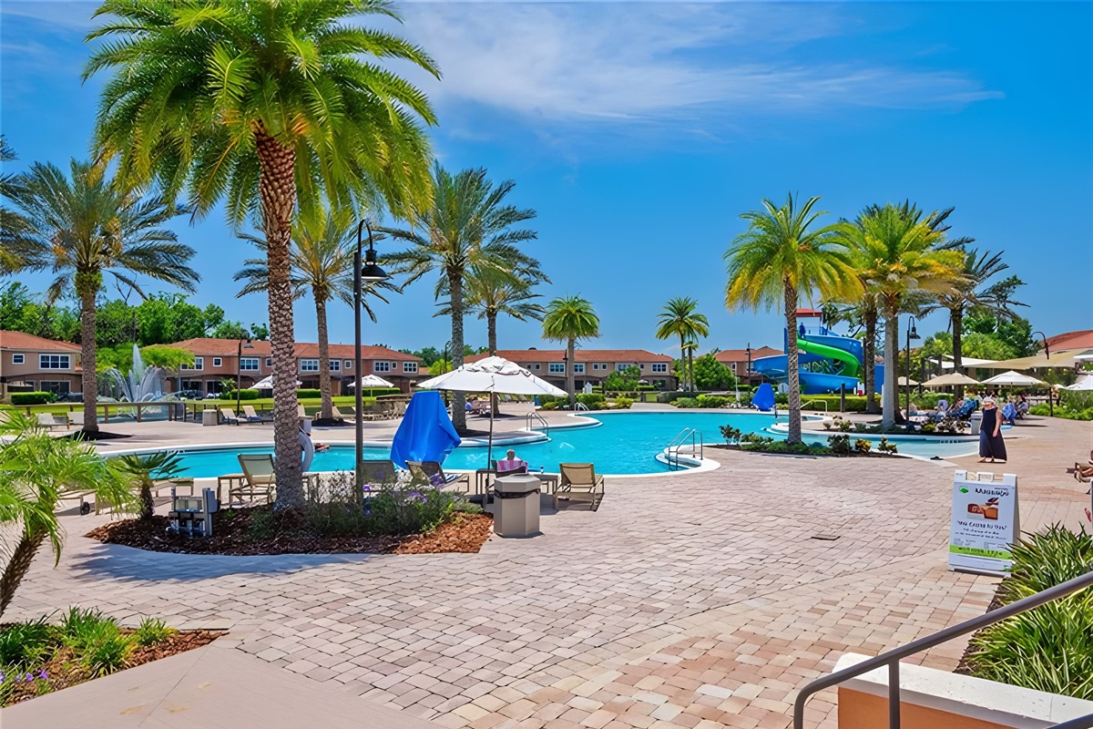 You have FREE access to the pool area and the water slides. The pool area features one zero-entry pool, a second pool with dueling water slides, and a warm jacuzzi