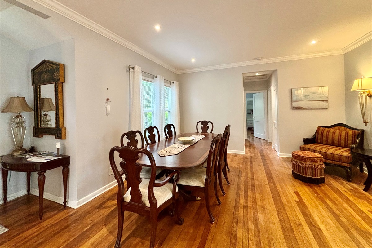 The large dining area has plenty of room for everyone to gather around the table for home-cooked meals together.