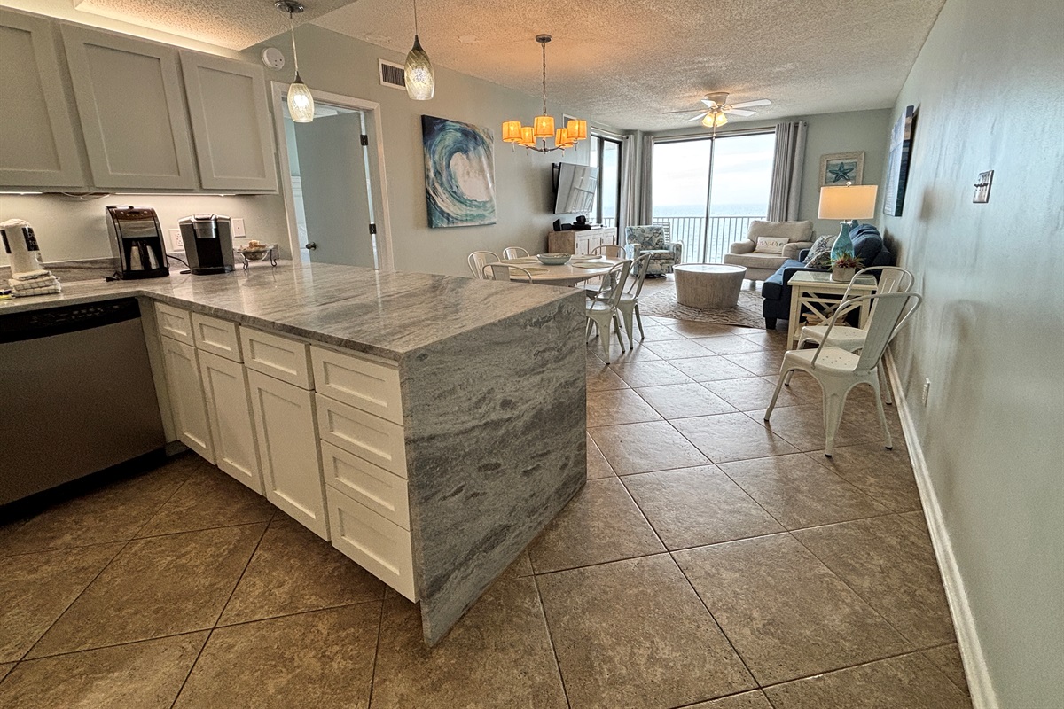 Open kitchen layout so you can cook, snack, and still be part of the conversation.