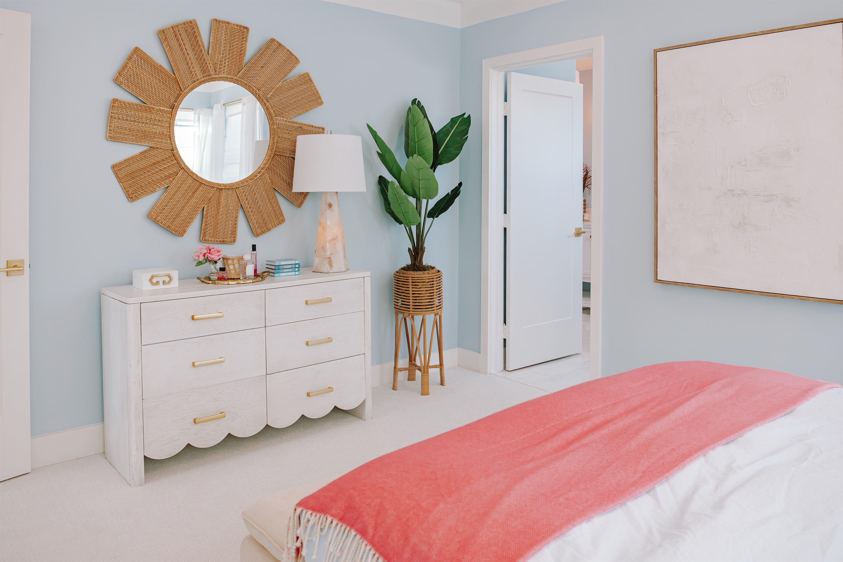 The main bedroom is carefully designed and decorated, containing an ensuite full bathroom and expansive walk-in closet.