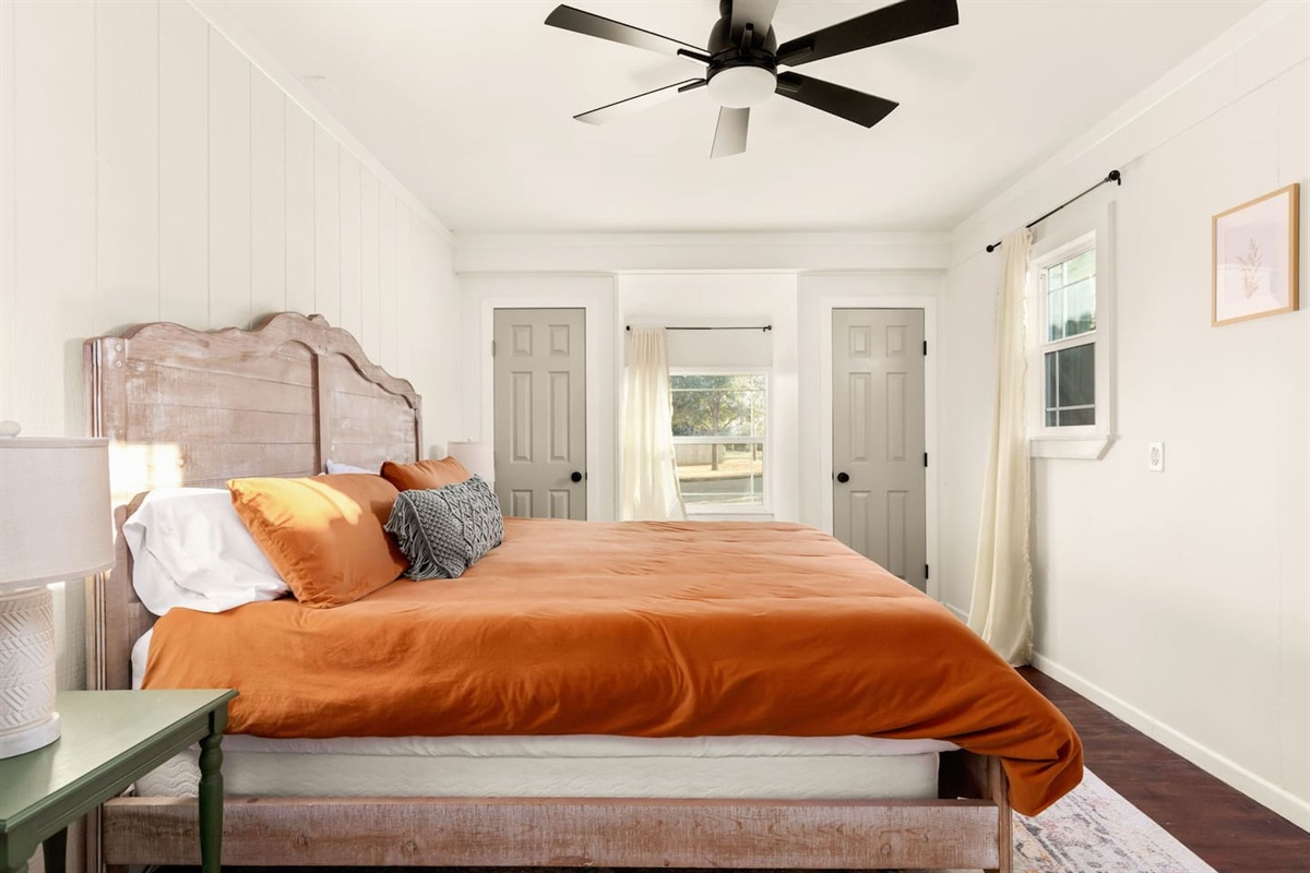 Two closets and a cozy nook round out the space in the master bedroom.