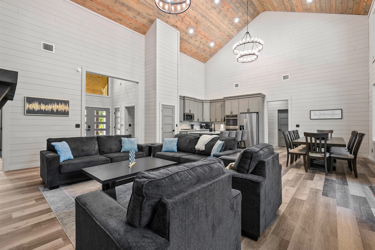 The open layout makes it easy to stay connected whether you’re relaxing by the fire or chatting from the kitchen.