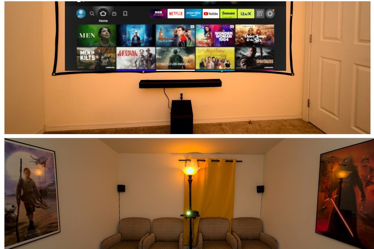 Theater room with a state-of-the-art Dolby Atmos surround system, immersing you in a cinematic experience.