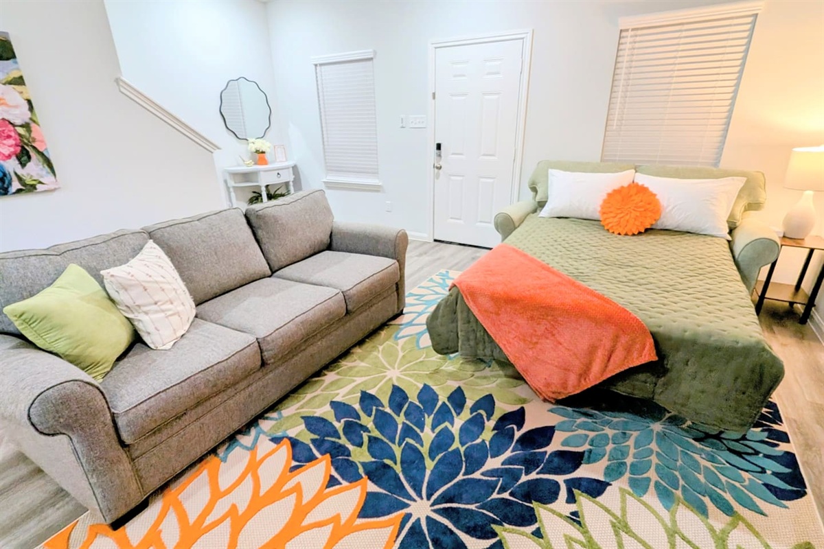 Full size sofa bed and oversized couch can work for extra sleeping space.