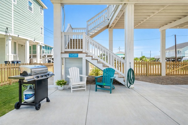 Grill Area (Ground Level): Gas grill setup for burgers, seafood boils, and sunset dinners.