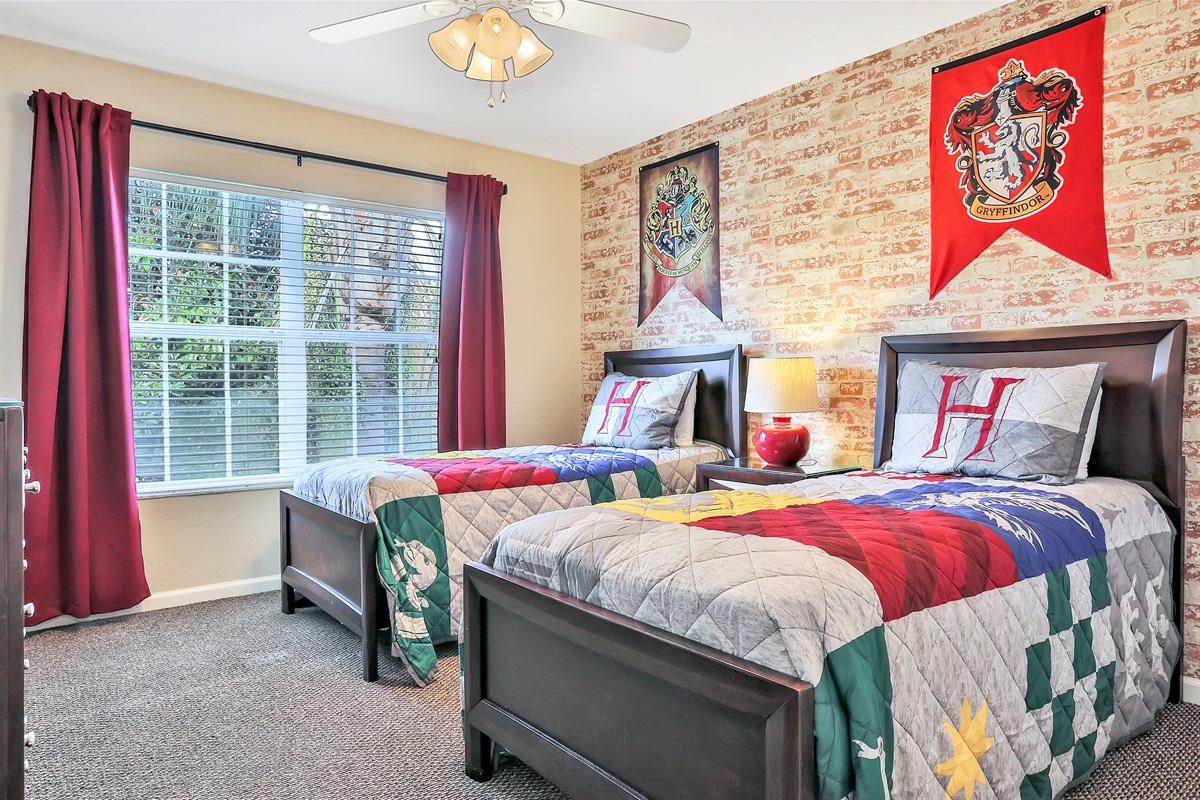 Harry Potter twin bedroom with 43" TV,. Now with luxury vinyl flooring.