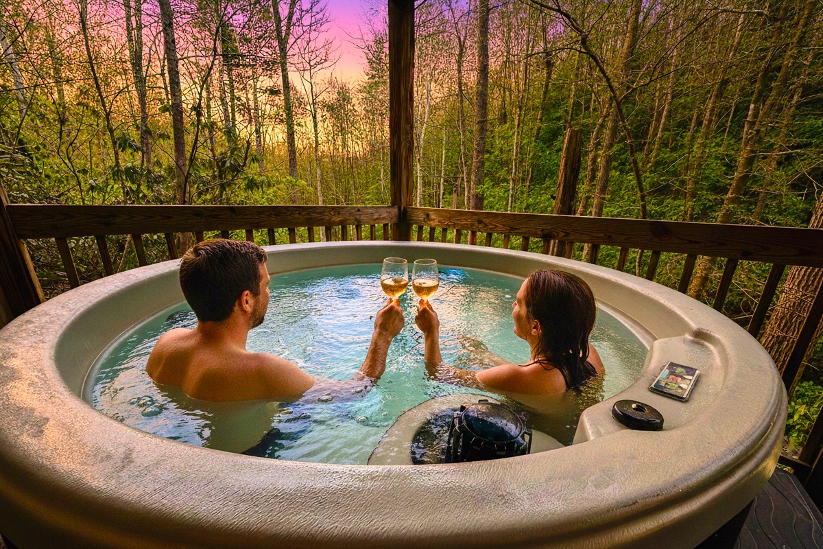 Steamy hot tub, perfect to relax, soak, and be close to nature! Secluded, forest views provided at no extra charge! There is a wildlife trail in view as well!  *Illustrative winter rendering with computer-generated humans.