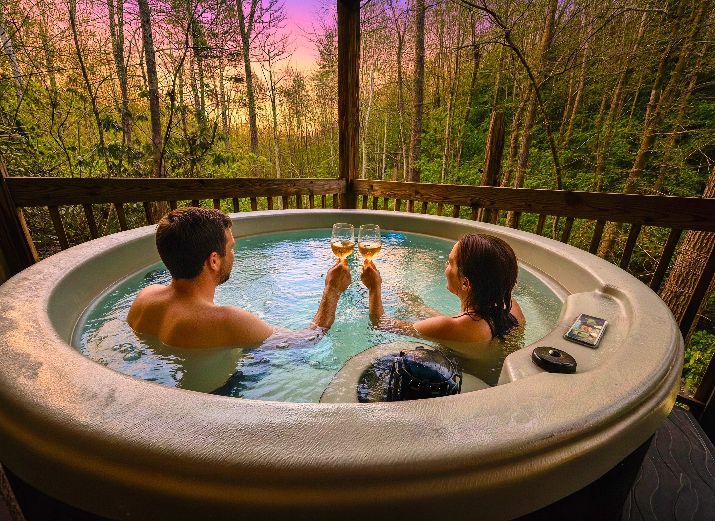 Steamy hot tub, perfect to relax, soak, and be close to nature! Secluded, forest views provided at no extra charge! There is a wildlife trail in view as well!  *Illustrative winter rendering with computer-generated humans.