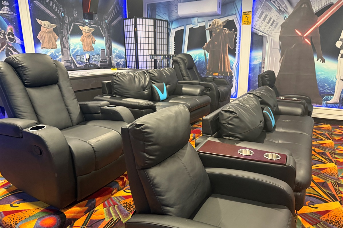 🌟 Movie nights reimagined! Enjoy our Star Wars-themed theater with 150” screen, surround sound, and full streaming options