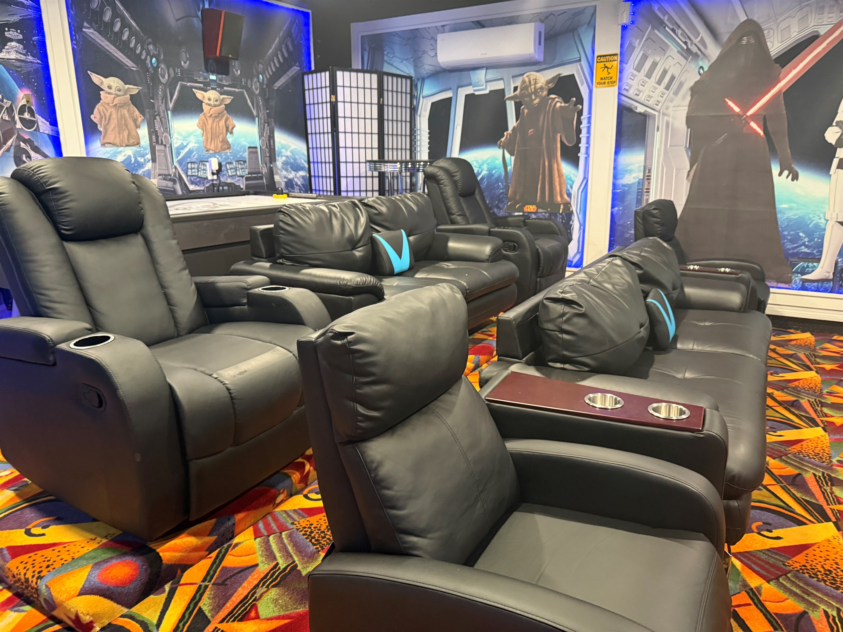 🌟 Movie nights reimagined! Enjoy our Star Wars-themed theater with 150” screen, surround sound, and full streaming options