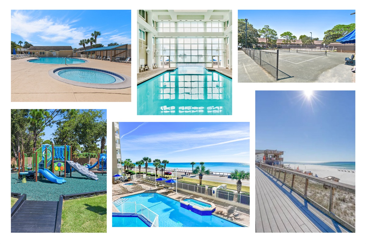 Majestic Sun brings the best amenities in Miramar Beach! Indoor and outdoor pools, hot tubs, tennis courts, a playground, and a beachfront walkway just steps from the Gulf.