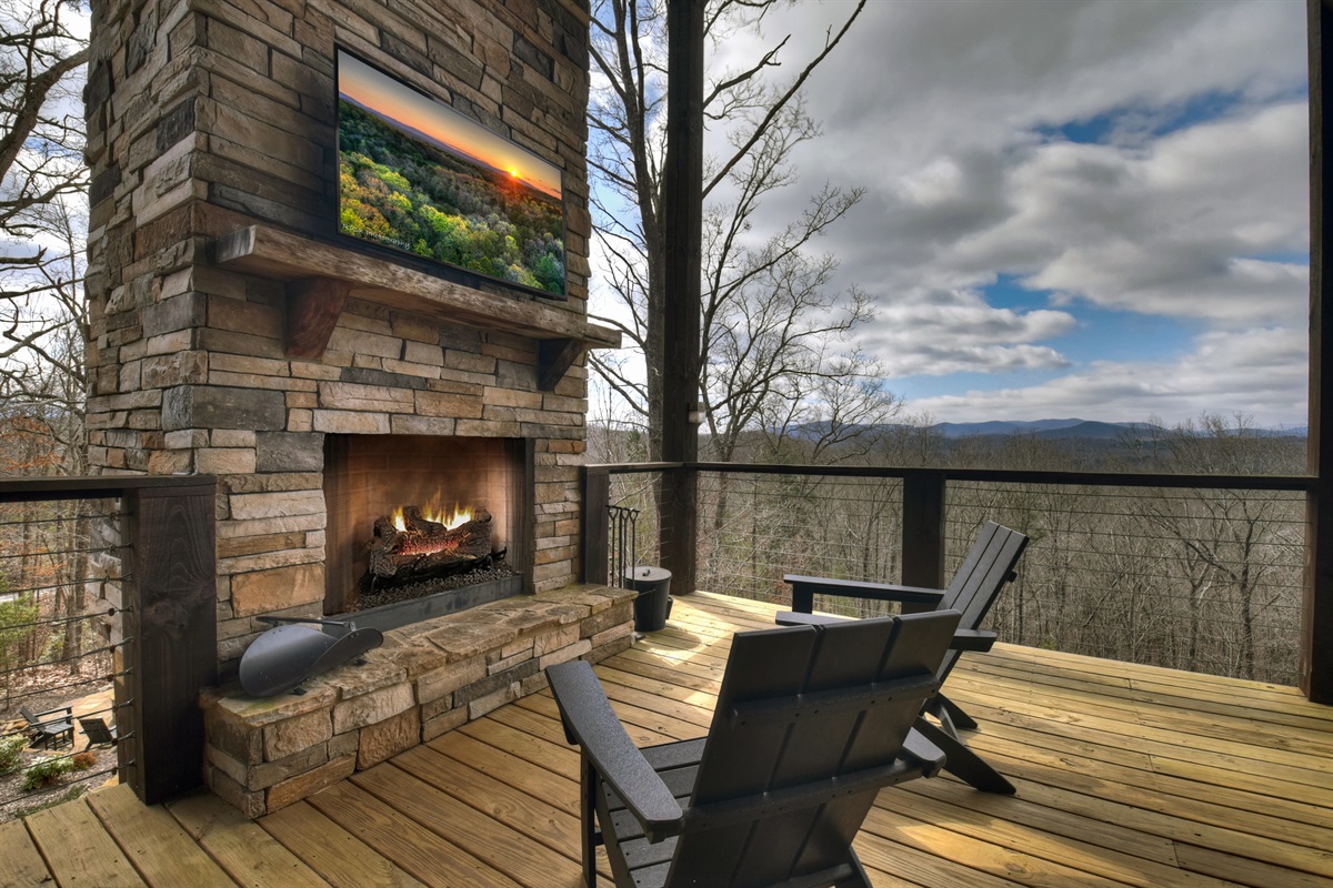 Wood burning fireplace upper level deck