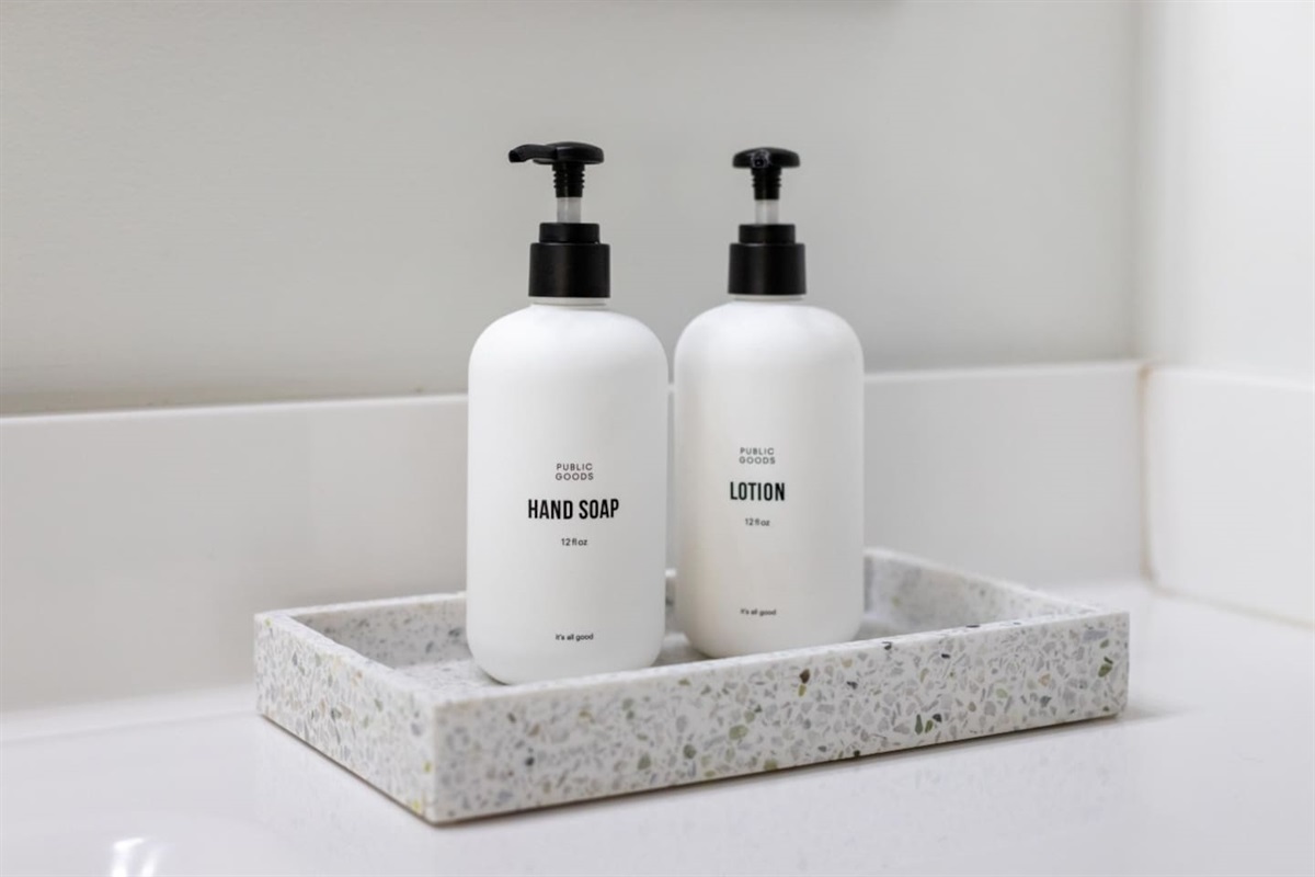 The vanity comes stocked with aromatic hand wash and soothing hand lotion