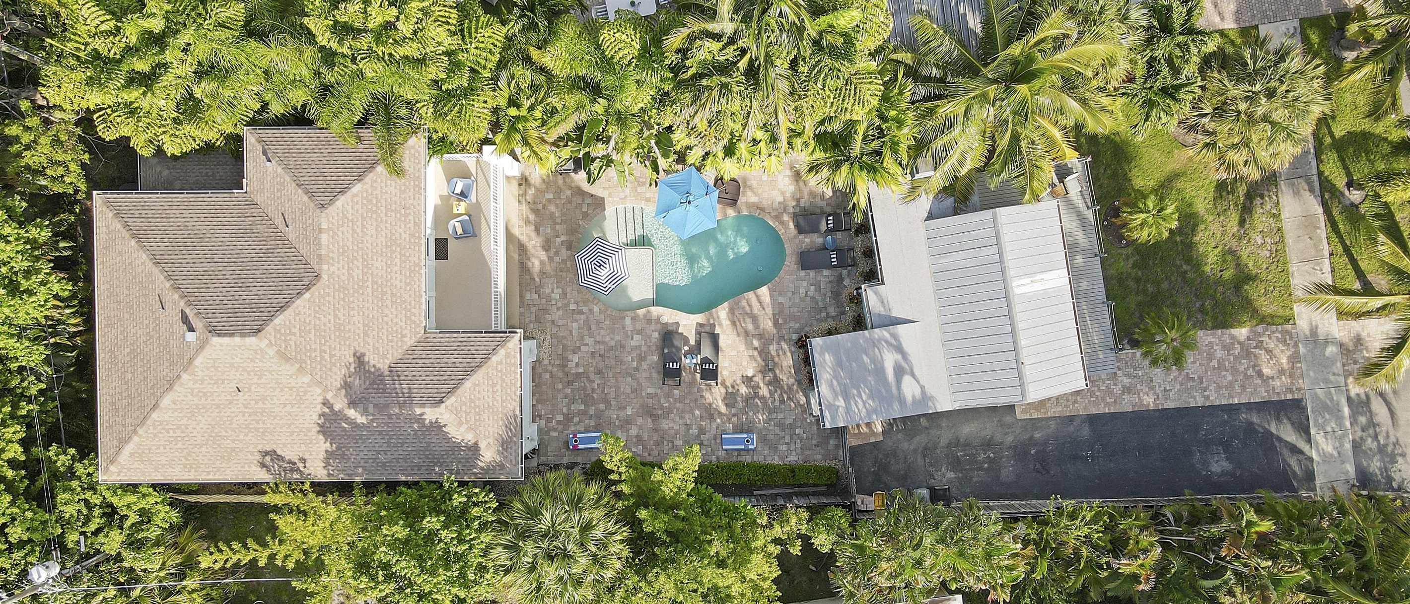 A view from above, Paradise Breezes main house, and Paradise Breezes Cottage house