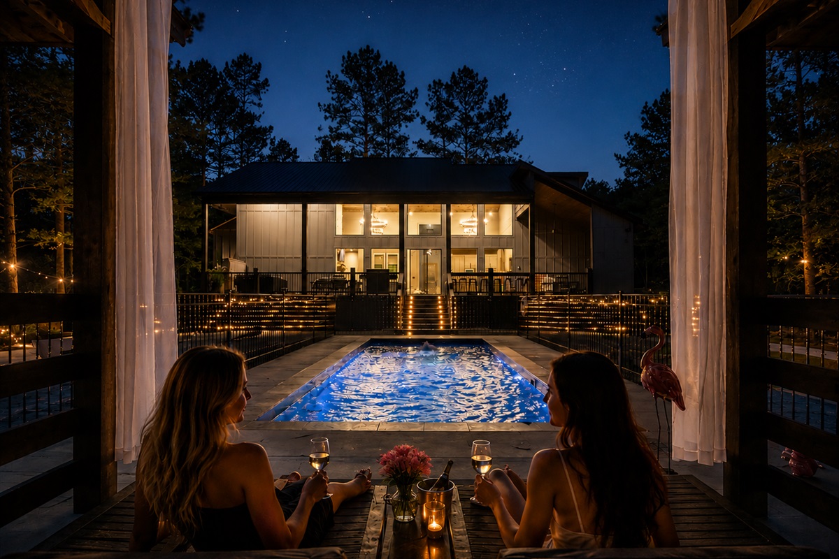 Outdoor Lounge: Sip cocktails by the shimmering pool under a starlit sky, pure relaxation awaits!