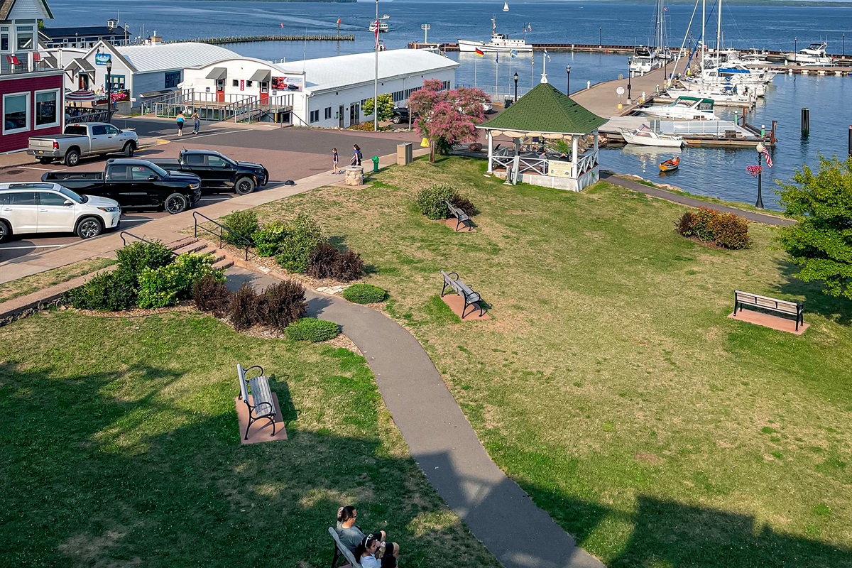 Views of Bayfield docks and Lake Superior from the rooftop deck at Bayfield Inn