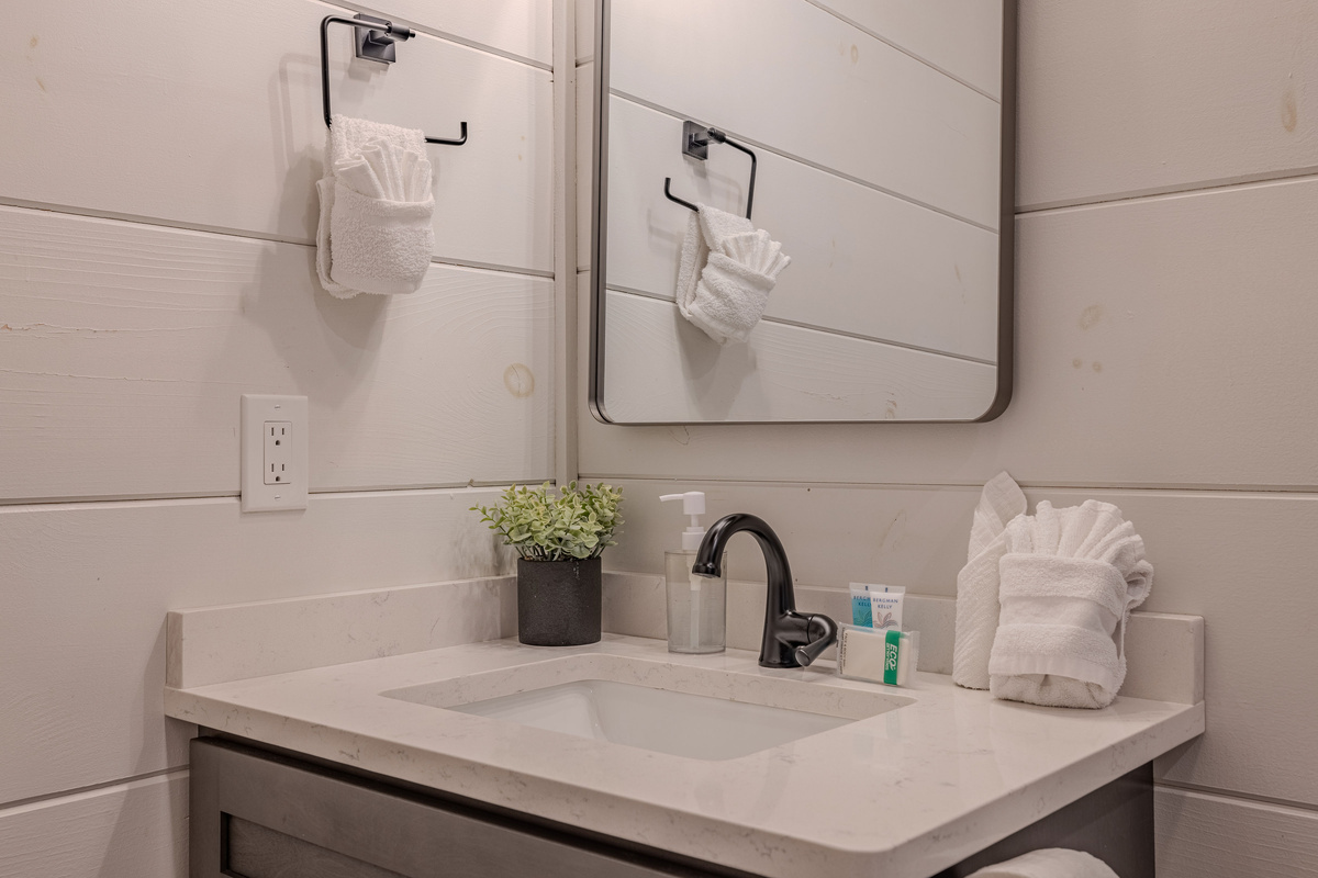 Clean, well-lit vanity space for getting ready.